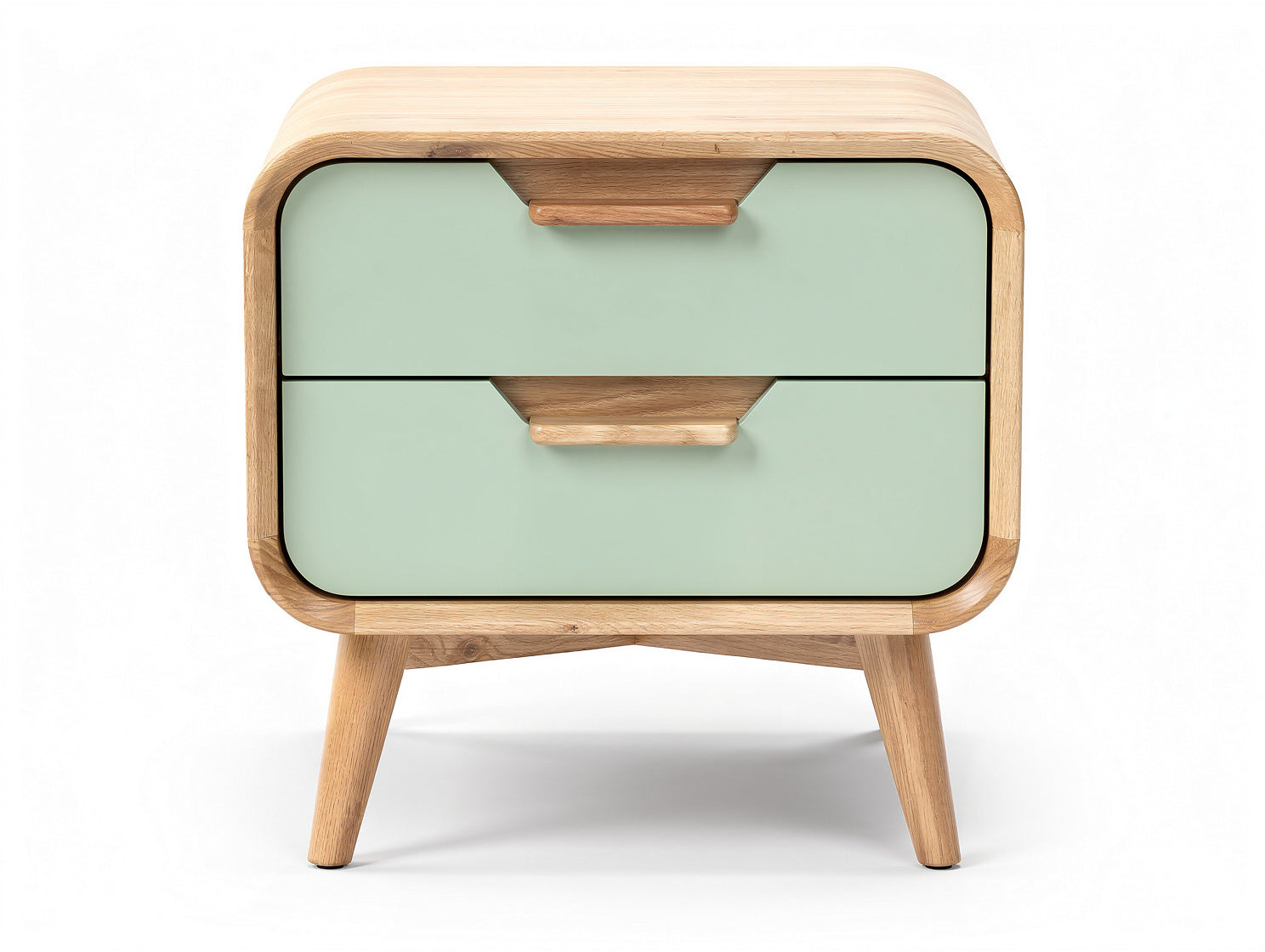 **Stylowy stół nocny z wooden elements i zielonymi frontami szuflad**